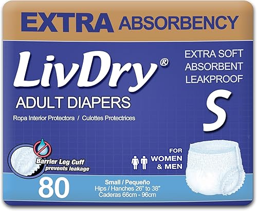 LivDry Ropa interior para incontinencia para adultos, pañales de absorción extra para adultos, protección contra fugas, talla S, paquete de 80