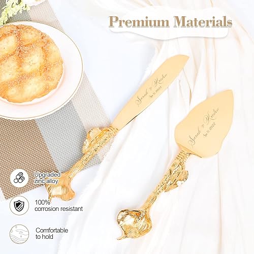 Miniatura 3 de Juego de corte de pasteles para boda, juego de cuchillos y servidores dorados personalizados, juego de servir pastel de pastelería grabado, cortador