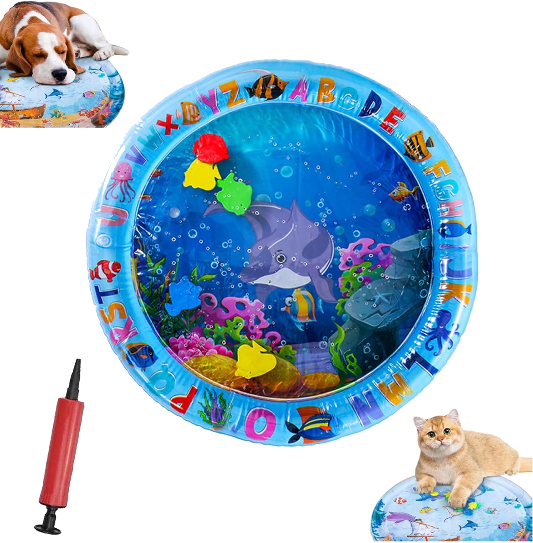 Pet Water Bed, Thickened Water Sensory Play Mat for Cats Dog, Pet Bed for Dogs, Washable Inflatable Playmat, Summer Cooling Sensory Play Pad with Inflator, Anti-Scratch (Small round-B)