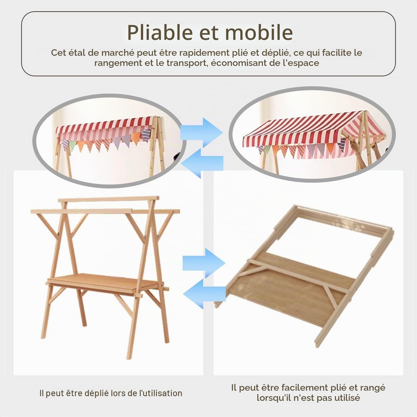 Chariot De Restauration En Bois, Prèsentoir Mobile Avec Auvent De Marché Pliable, Stand Commercial Hot-dogs/glaces/snacks(Orange,120cm/47.2in)