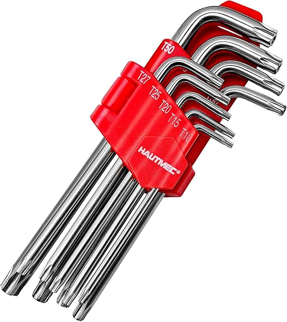 HAUTMEC Torx Hex Key Allen Wrench Set, 9-Piece Star Wrenches- Chrome Vanadium Steel and Drilled Tips for Furniture Assembly, Bicycle Repair, Tightening or Loosening and Fixtures, HT0222-SS