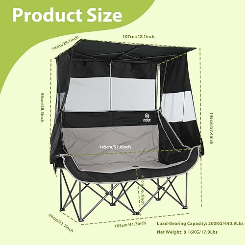 Miniatura 3 de Nice C Silla de campamento doble con toldo, silla deportiva portátil con sombra, sofá biplaza plegable para exteriores con bolsa refrigeradora,