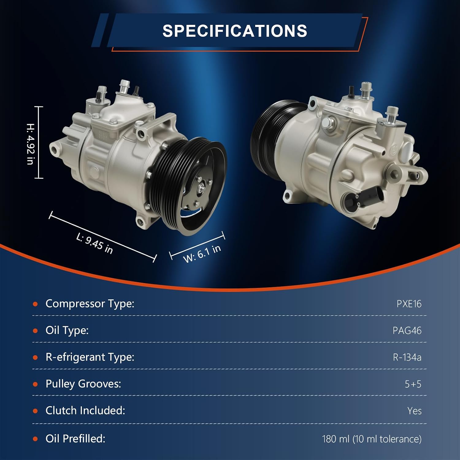 CO-4574JC Air Conditioning A/C Compressor Compatible with Audi TT RS Quattro 2012-2013 2.5L; Compatible with Volkswagen Jetta 2009-2010 1.9L, 2005-2010, 2011-2014 2.5L Replacement #198567