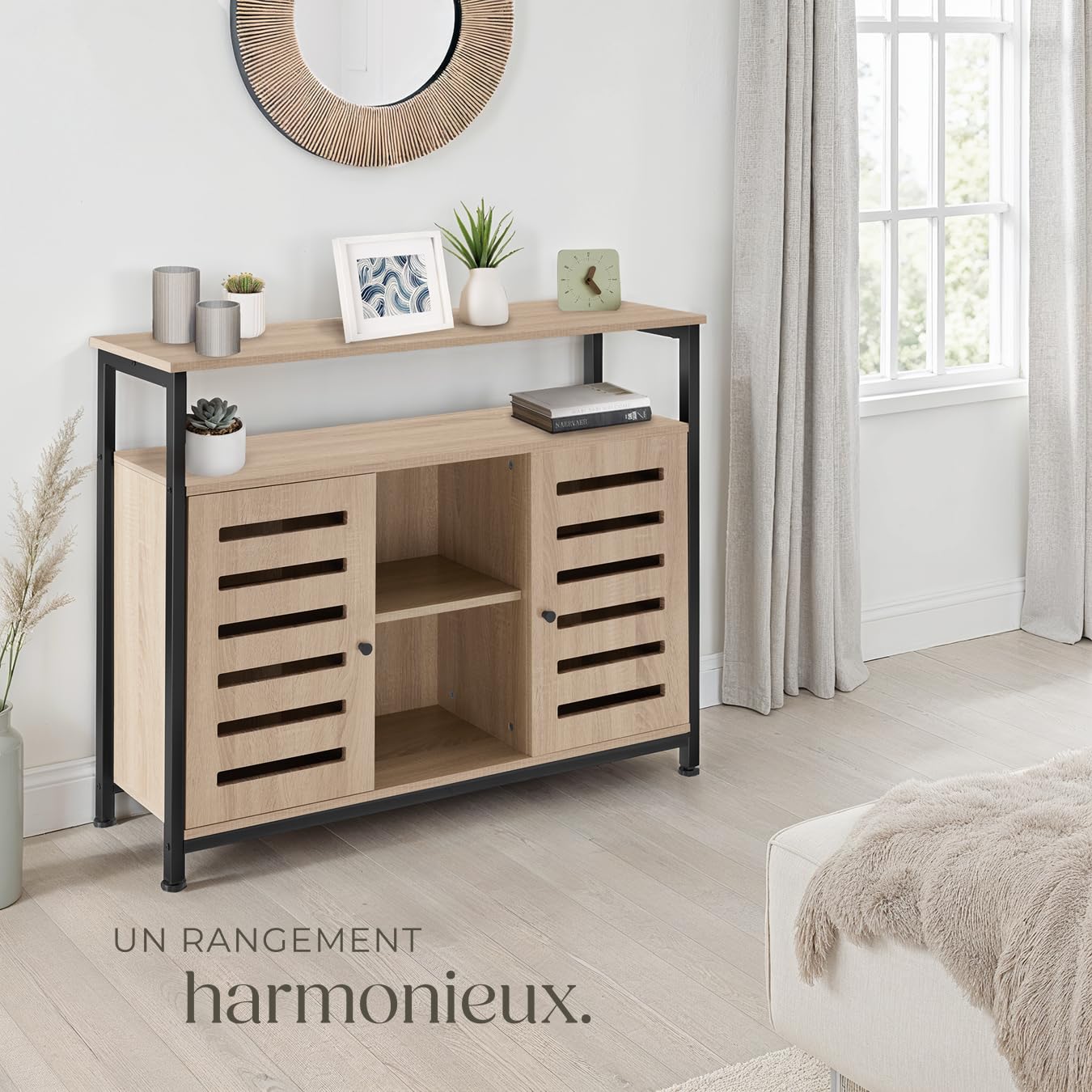 tectake® Buffet 100 x 37 x 82 cm, Meuble de rangement au Style industriel, Portes et Étagères, Buffet salle a manger, Rangement cuisine, Meuble de rangement salon, Vaisselier, Meuble salon, Bois clair