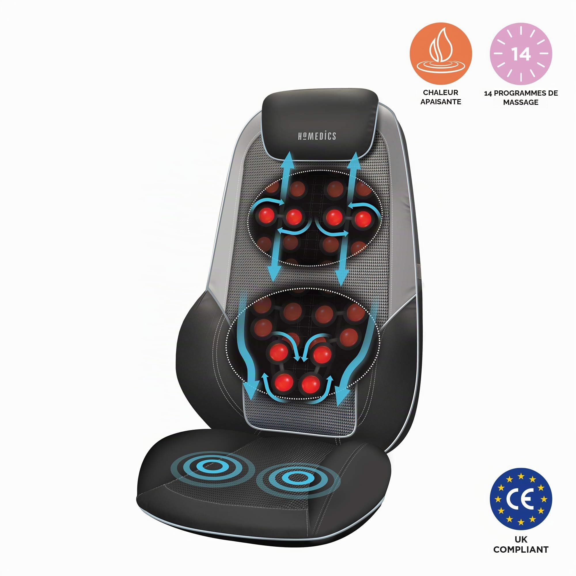 HoMedics Chaise de massage shiatsu pour le dos, les épaules, les cervicales et le haut des cuisses - Fauteuil de massage réglable, Massage naturel et par vibrations, Chaleur apaisante – Gris