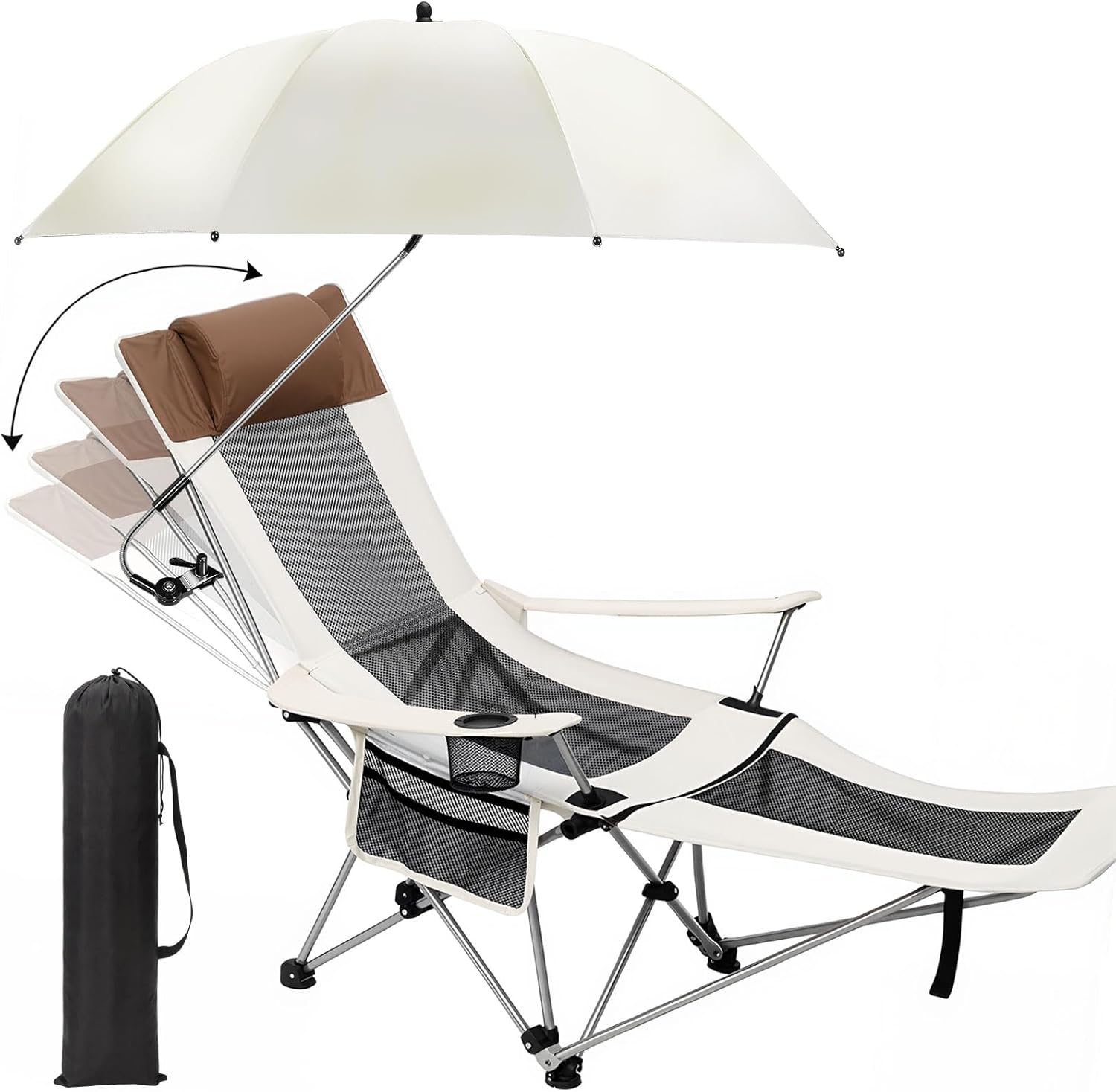 Lineshading 2 in 1 Beach Chair with Umbrella, Folding Camping Reclining Chair with Sunshade Headrest Footrest, 4 Position Adjustable Mesh Lounger Portable for Summer Tailgates Camp Fishing(Black)