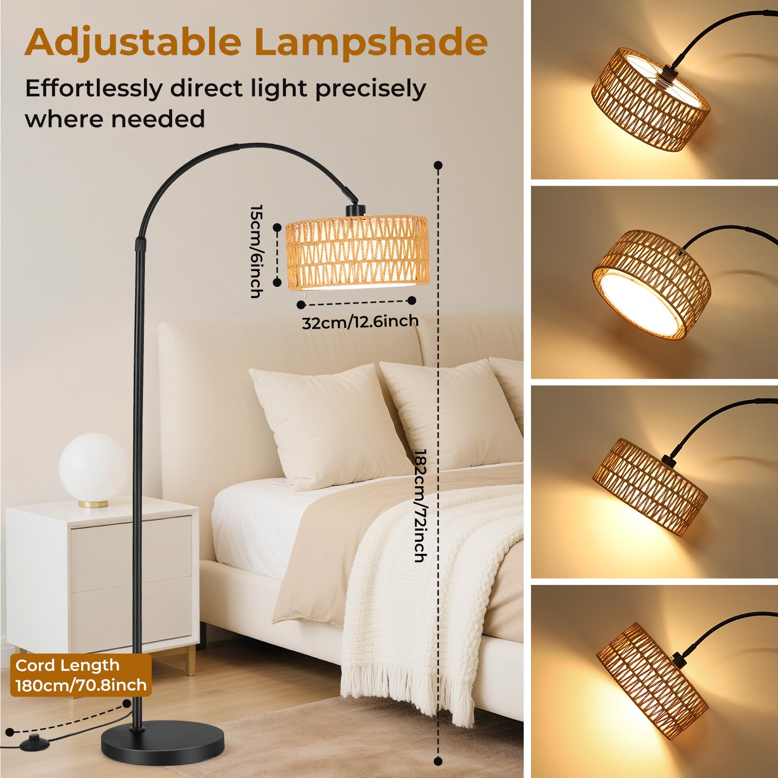 Lampada da Terra ad Arco LED - 9W 900LM Piantana da Lettura Regolabile con Telecomando & LED E27 per Soggiorno, Camera da Letto, Ufficio - Nero