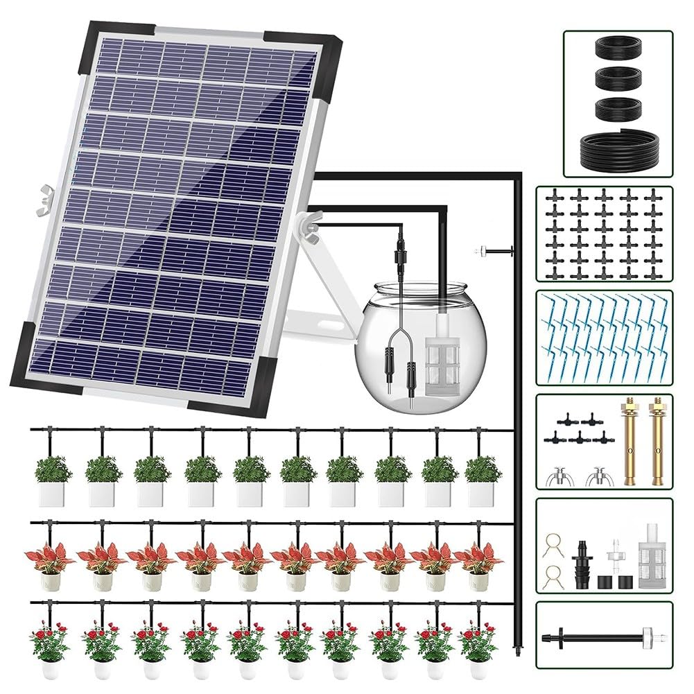 Lecreatekit Sistema di irrigazione solare con pannello da 5 W, kit di irrigazione automatica con 30 emettitori di gocciolamento e tubo da 35 m per piante in vaso da giardino