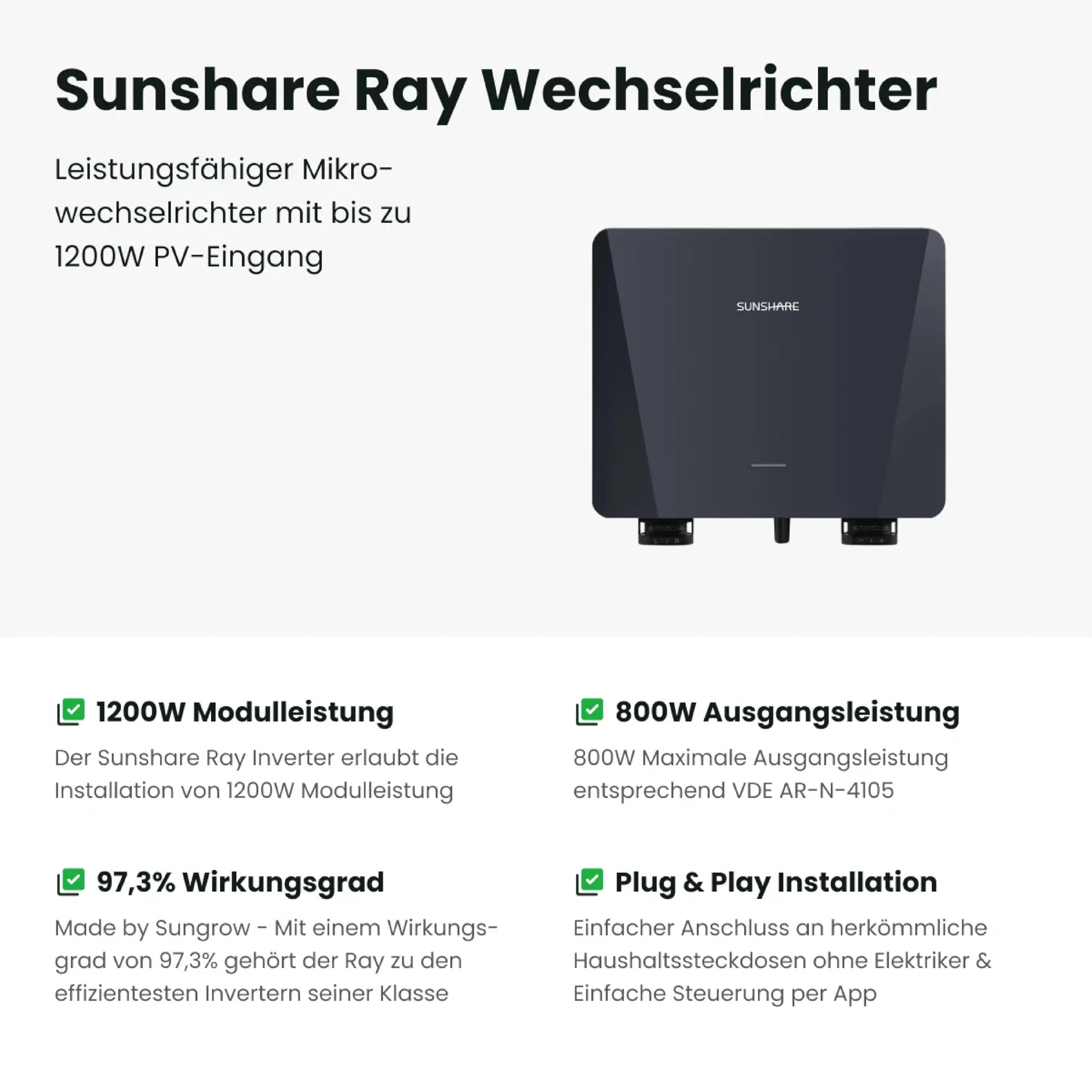 Ray 285W Balkonkraftwerk ohne Halterung – Individuelles Solaranlage Komplettsystem für DIY-Installation – 800W Wechselrichter + 1x 285W Solarpanel – Steckdosenfertig – inkl. Kabel & Zubehör