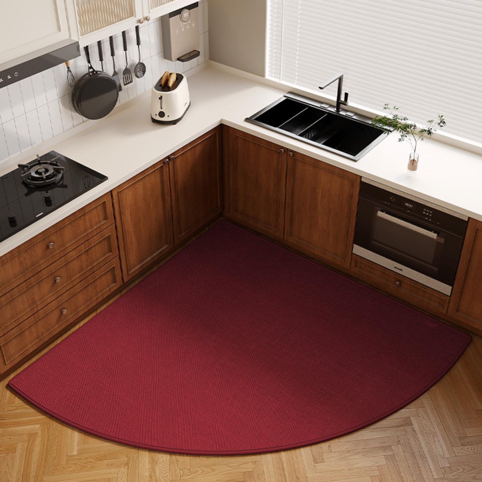 BANEBOR Non-Slip Corner Kitchen Rug - Super Absorbent Braided Floor Mat for Sink Areas, Washable Circular Sector Mat with Rubber Backing, Imitation Linen Kitchen Carpet (Burgundy, Radius 28'')