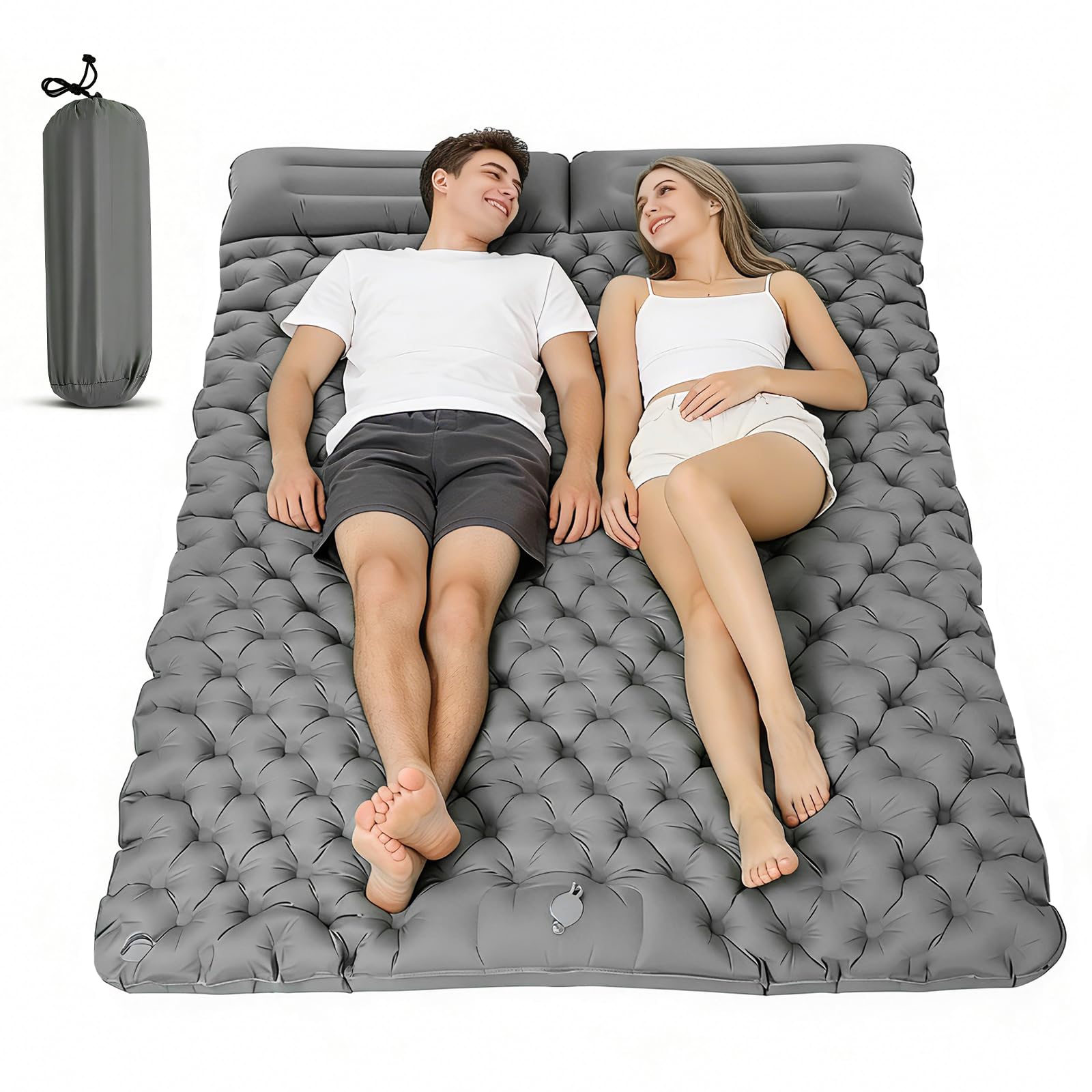 Double Camping Mat, Ultralight Self Inflating Sleeping Pad, 10cm Extra Thick Reinforced Camping Air Bed with Pillows & Built-in Foot Pump, Portable Air Mattress for Hiking Tent Backpacking (Grey)