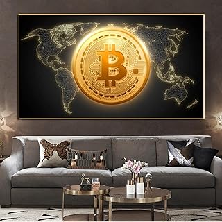 Streszczenie Bitcoin ze światem mapy plakat i druki Nordic Wall Art obrazy na płótnie salon dekoracje ścienne do domu obraz 27.5 "x 55.1" (70x140 cm) bez ramki