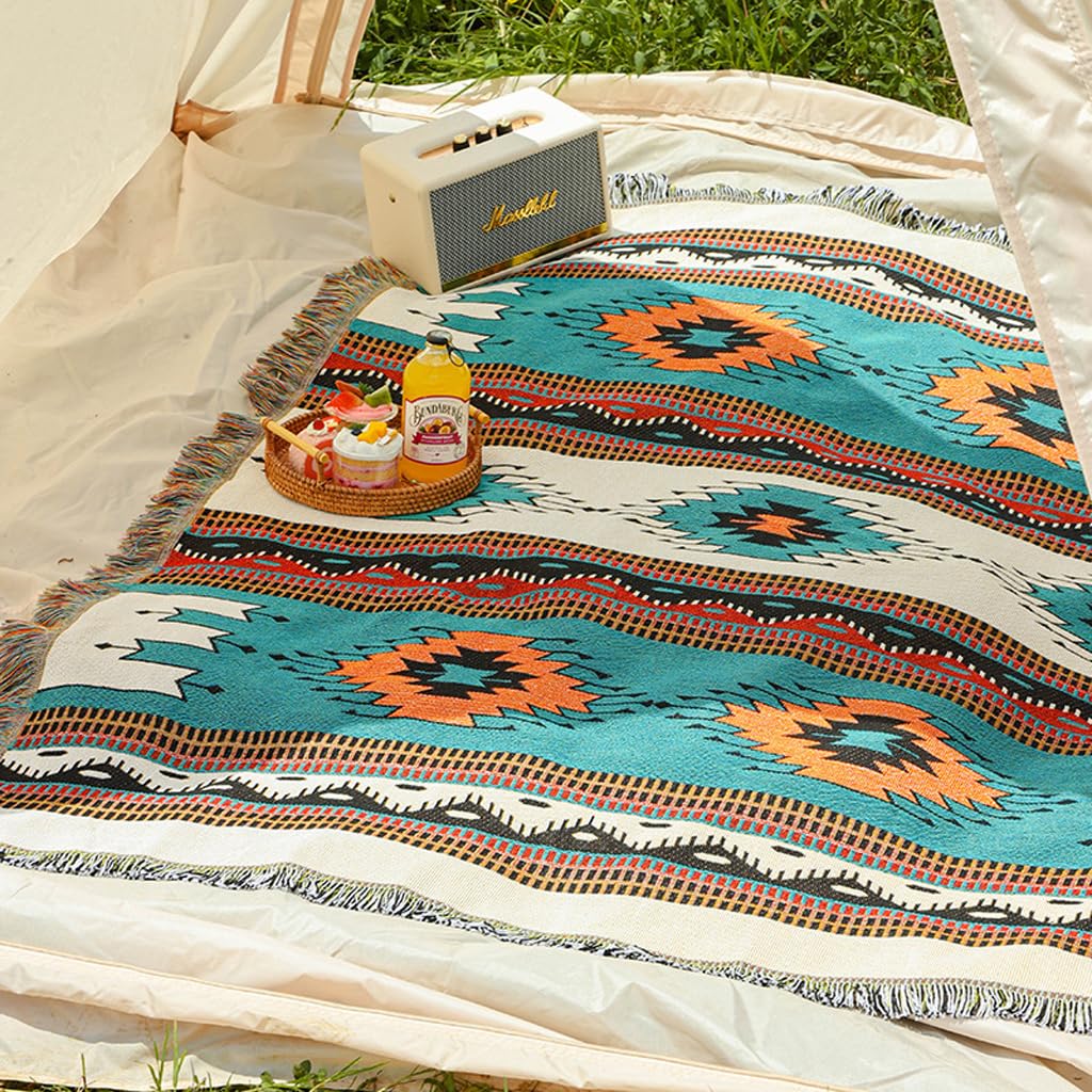 Copridivano boho con nappa, copridivano reversibile in stile etnico azteco, per casa, ufficio, viaggi, campeggio (Foresta verde, 180 * 230 cm)