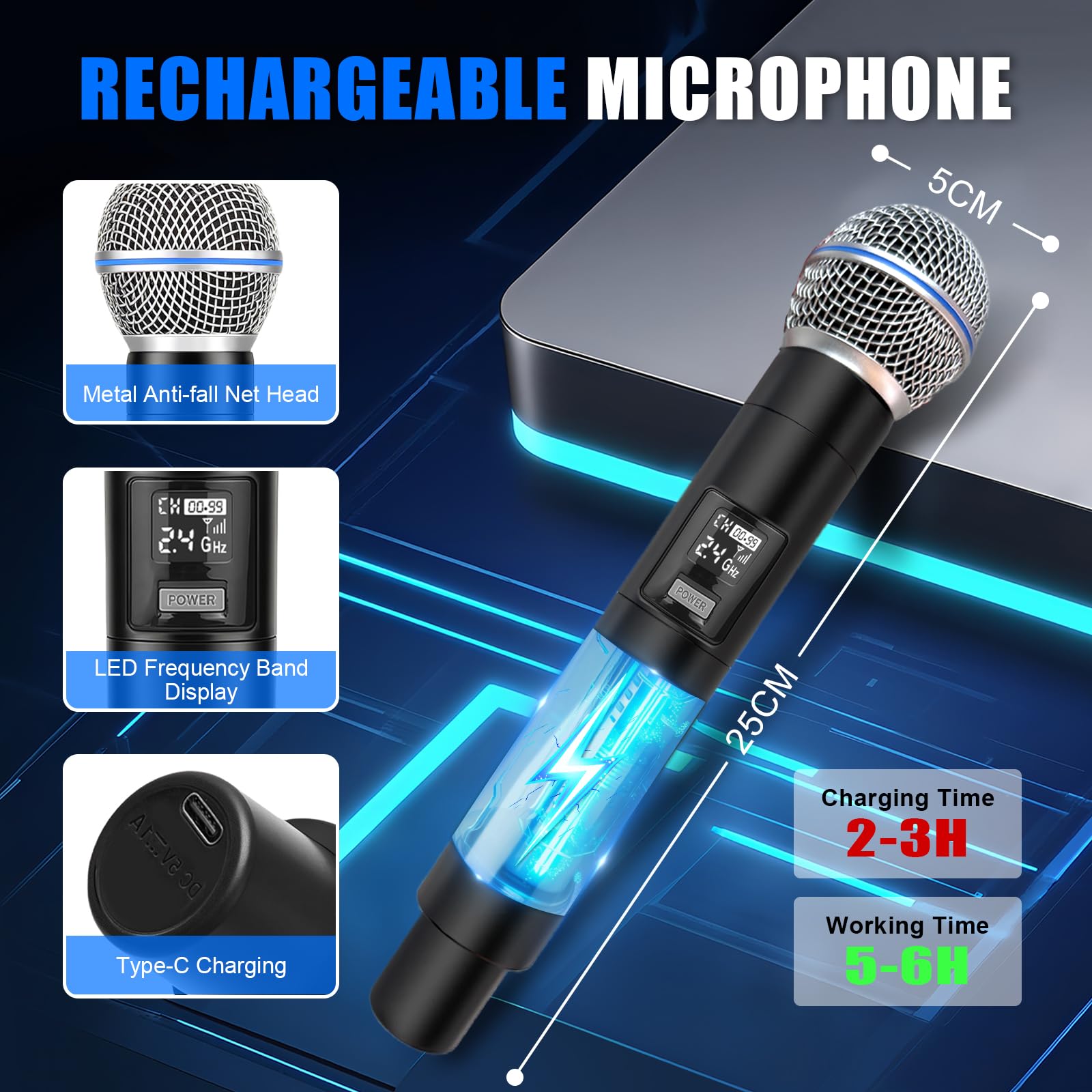 2PCS Microphone sans Fil Professionnel, Microphone Karaoké avec Connexion par Puce Individuelle, Réception à 50 Mètres de Distance, Durée de 12H pour Chant, DJ et Soirées à Domicile (Noir)