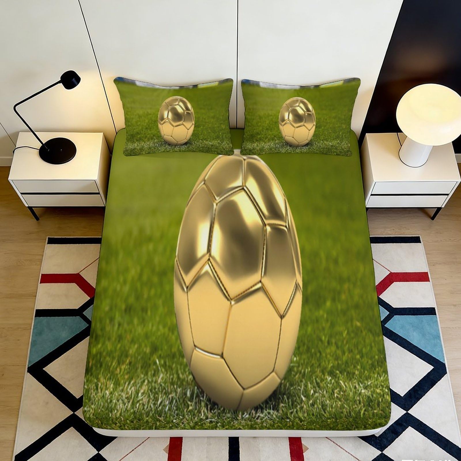 Pnayamiorkfel Style-1 3D Printed Gold Soccer Ball Fitted Sheet Microfiber Anti-Slip Machine Washable Bed Cover For Bedroom Guest Room Decor 90X200x25cm
