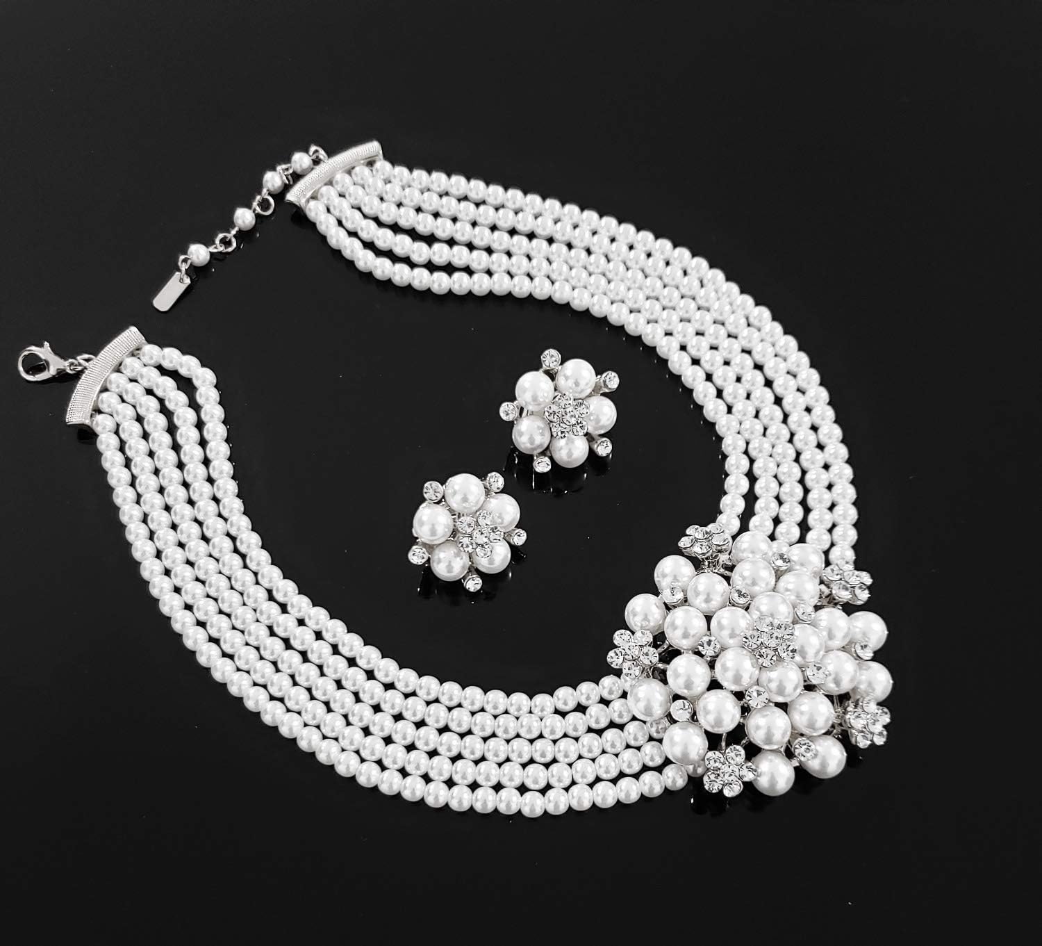 Fashion 21 5 Rows Rhinestone Accented Simulated Floral Pearl Cluster Necklace, Clip on Earring 2 Set