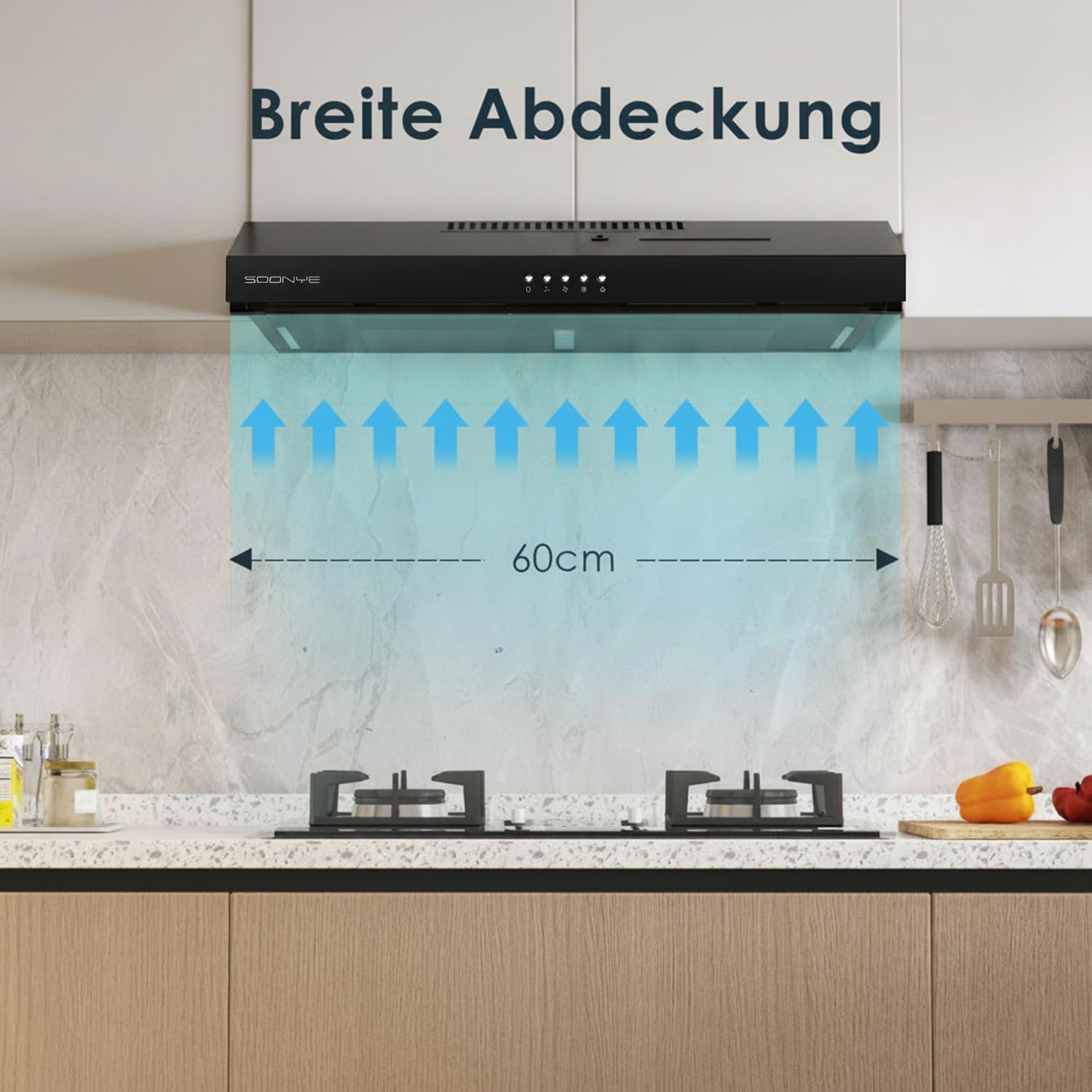 Dunstabzugshaube 60cm Unterbau Umlufthaube 220 m³/h Kohlefilter 3 Leistungsstufen Schwarz