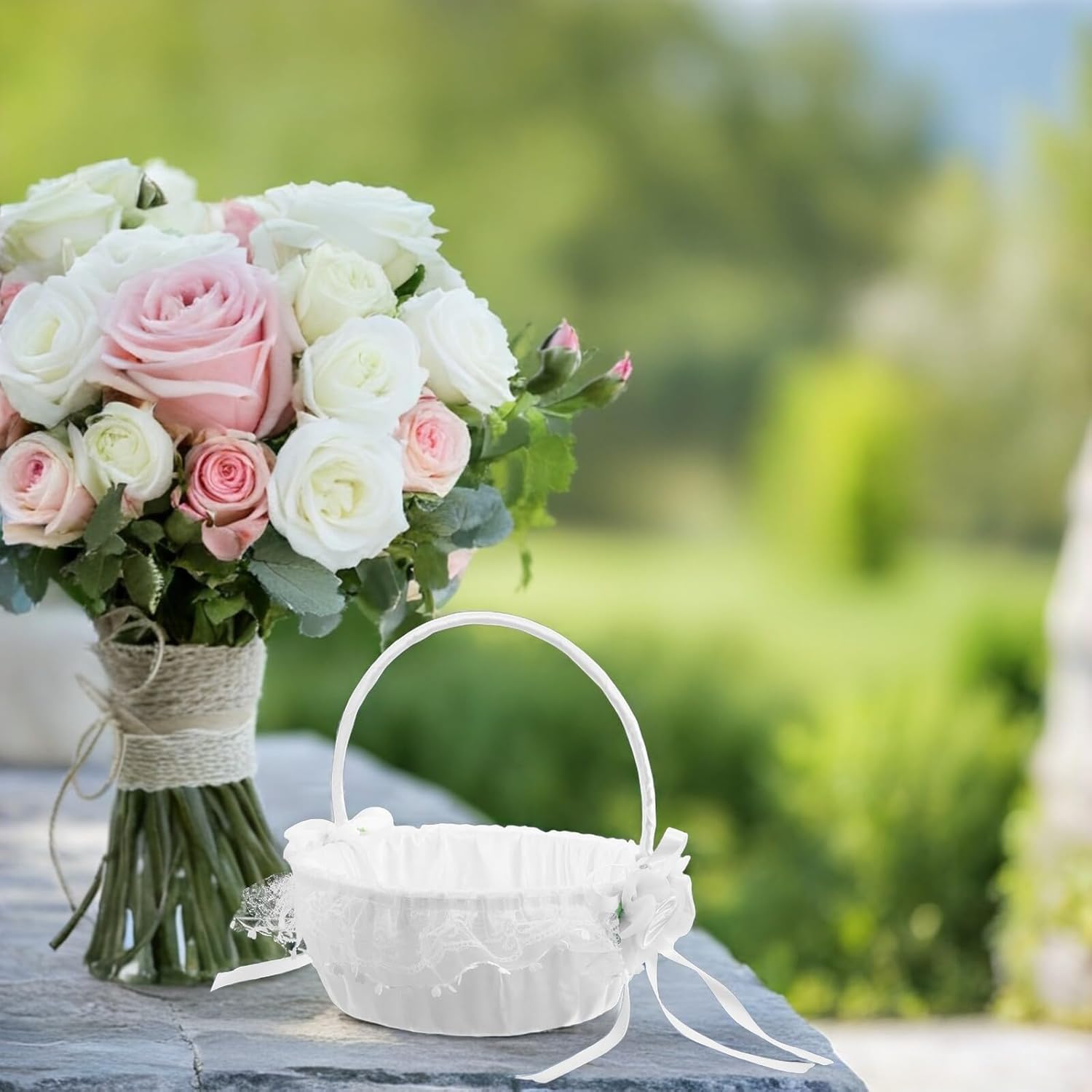 VILLCASE Wedding Lace Flower Girl Basket with Bow Handle, White Decorative Storage Basket for Wedding Ceremony, Anniversary, and Holiday Party Decorations