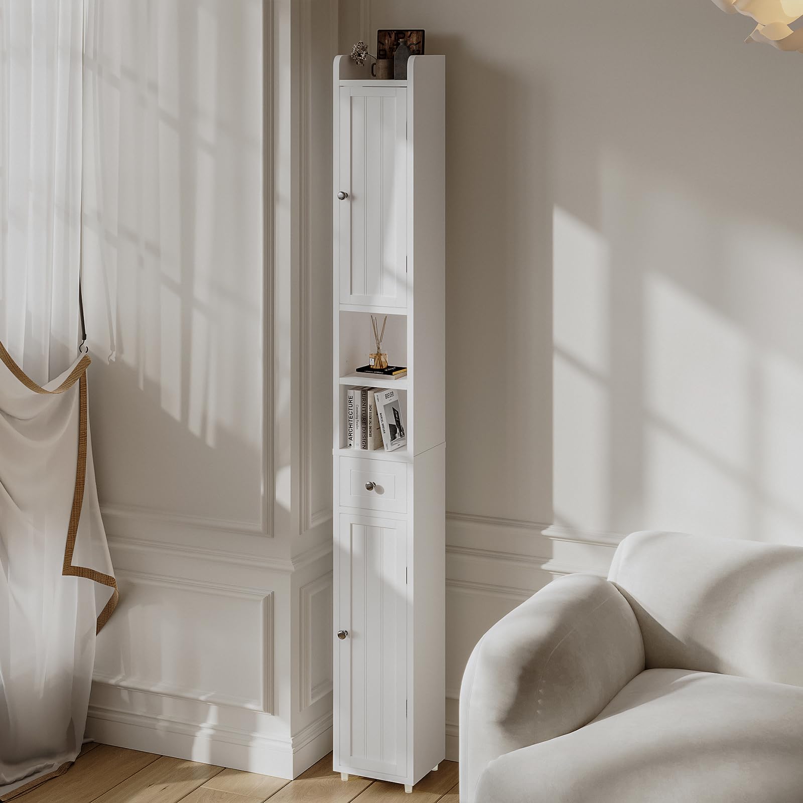 Meuble Colonne Salle de Bain, Armoire Haute de Salle de Bain avec 2 Portes et 1 Tiroir, Étagères Réglables, pour Petits Espaces, Blanc