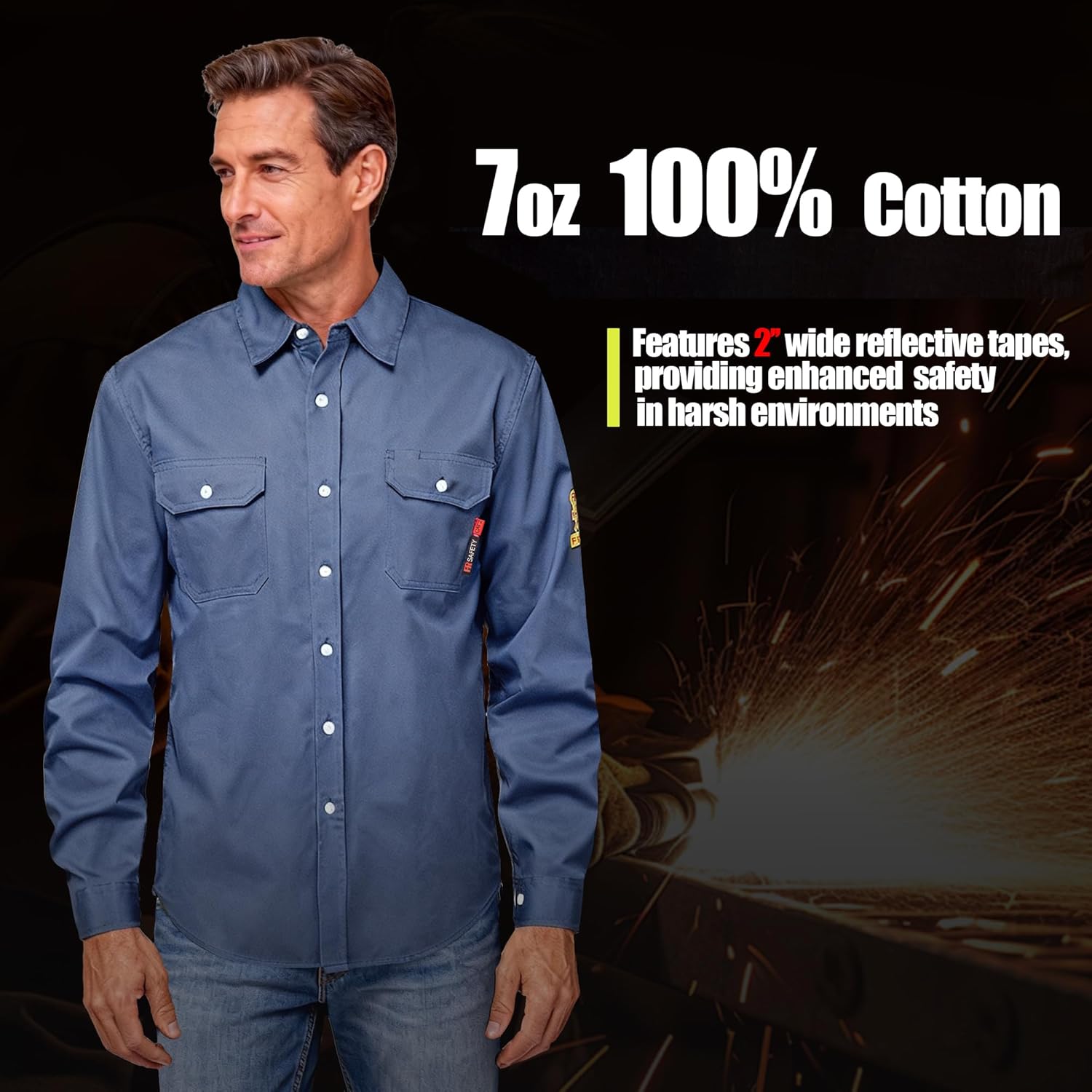 FR Shirts for Men 7oz Long Sleeve Fire Resistant Shirts 100% Cotton Hi Vis Welding Shirt CAT2
