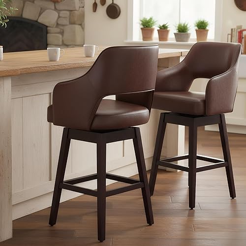 Miniatura 18 de Juego de 2 taburetes de bar giratorios de 360°, taburetes de bar de altura de mostrador de granja con respaldo y patas de madera, taburete tapizado