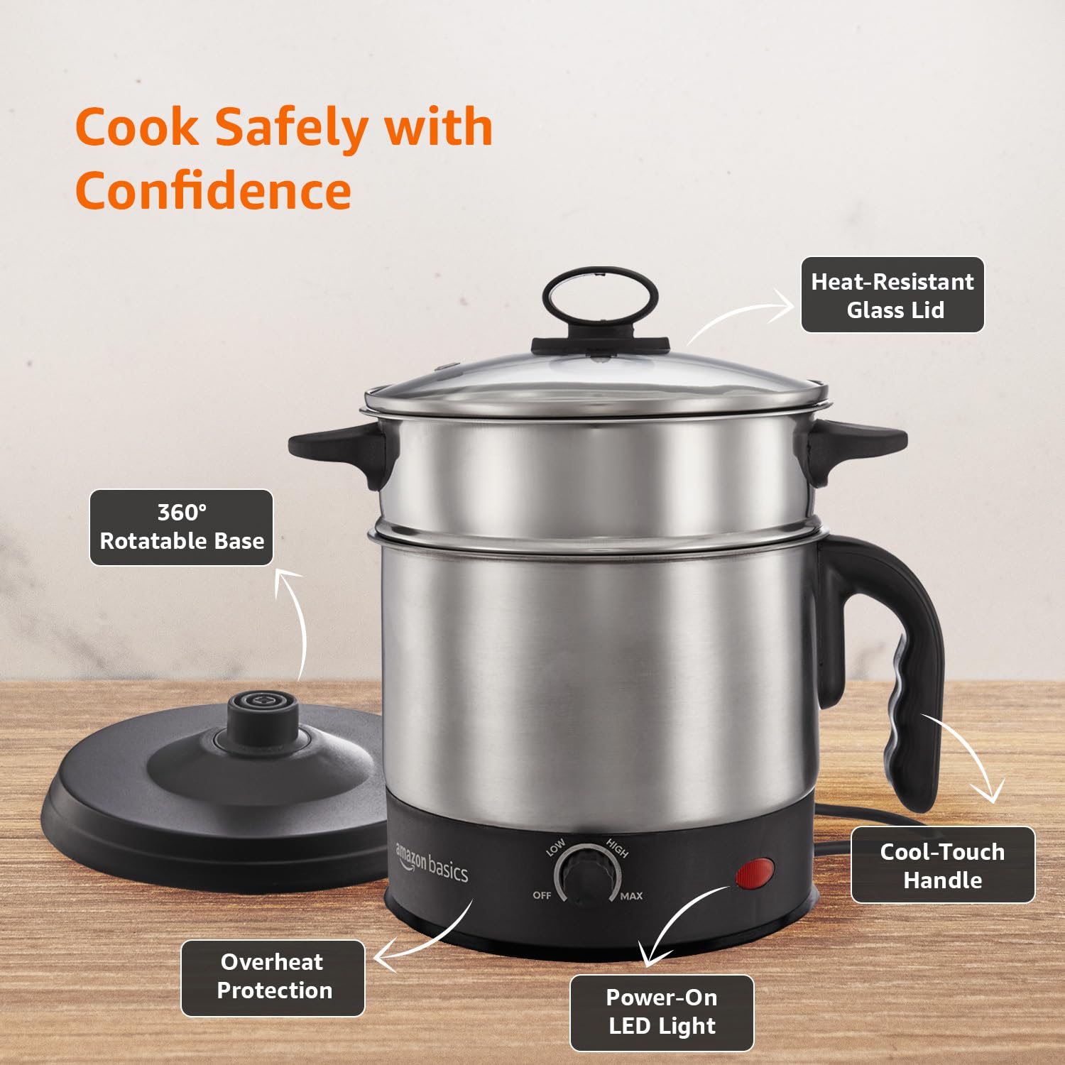 Amazon Basics Multi-Kettle Steamer 1.2L | Adjustable Power Modes 600 W | 7 - Egg Tray, Idli Tray, Iron Grill And Steamer | SS 201 Steel | Automatic Overheat Protection | Multipurpose Kettle 4