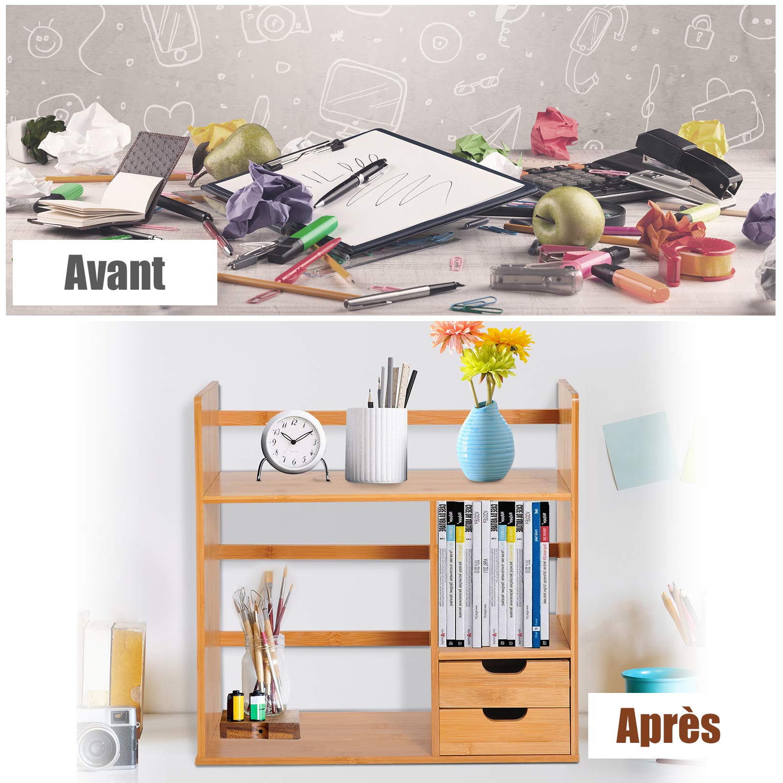 HOMCOM Organiseur de bureau avec tiroirs Bibliothèque multifonctionnel Étagère de Rangement pour Maison École Bureau en Bambou Naturel