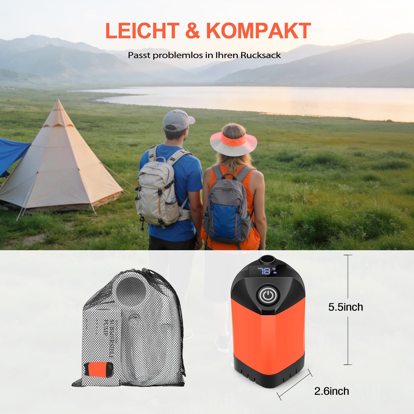 B013 Portable Camping Dusche mit 7800mAh Akku, USB-C, 3-Stufen Duschkopf & leiser Pumpe – Wasserdicht mit LED Temperaturanzeige für Vanlife, Outdoor Reise, Strand & Haustier