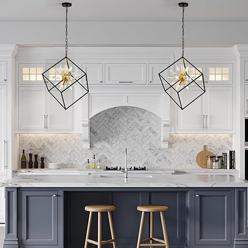 Miniatura 5 de OLMCWOOL Candelabro de granja de 6 luces moderno industrial colgante ajustable para comedor, cocina, isla entrada interior (negrodoradocristal, 6