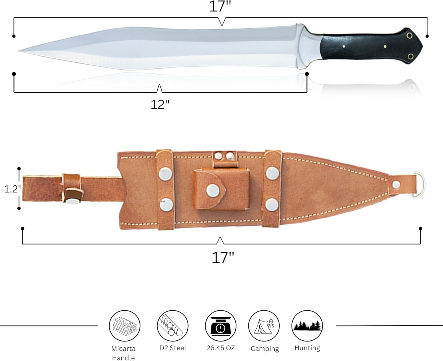 Generic Handmade D2 Steel Short Sword - Full Tang Tactical Combat Nightstalker Short Sword, Dagger Knife with Handmade Leather Sheath, Large Camping knife Gift, Black