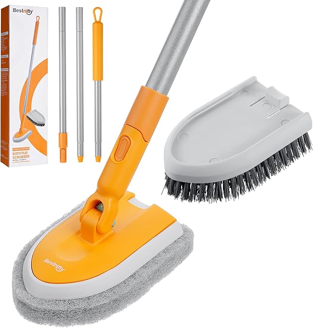 Cleaning Brush with Scrubber Refill Tub and Tile Scrubber Brush with Long Handle 42'' Extendable Long Pole 2 in 1 Scrub Brush for Cleaning Bathroom Bath Bathtub Toilet Floor