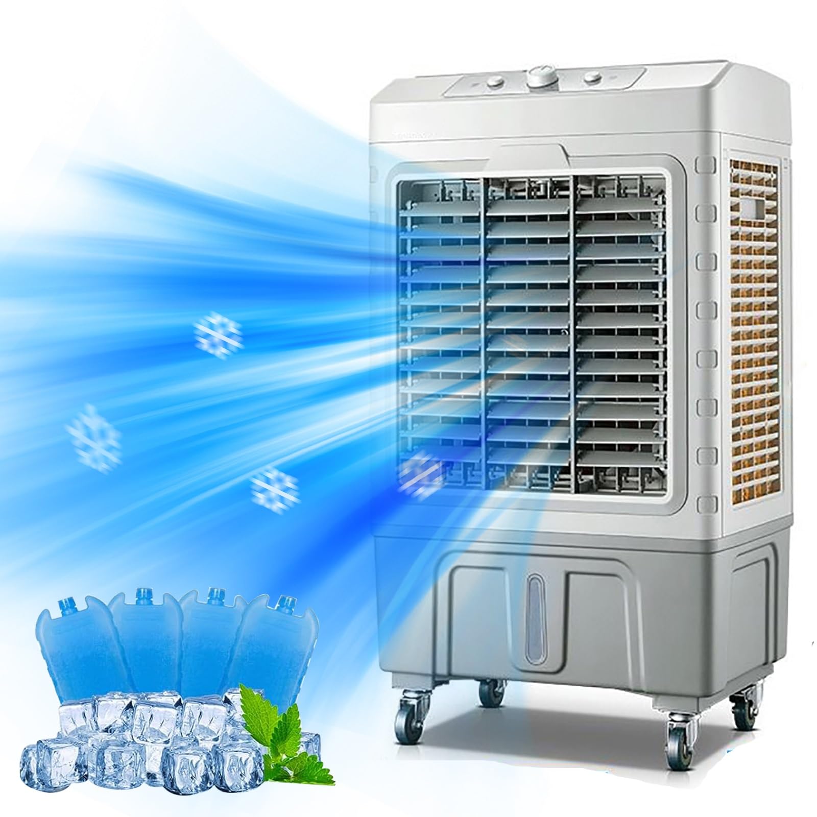 GTHTUHFD Evaporative Air Cooler Fan, 60L Tank, 3-Speed, Wheels, Energy-Efficient Cooling For Indoor & Outdoor Use,102x60x41cm