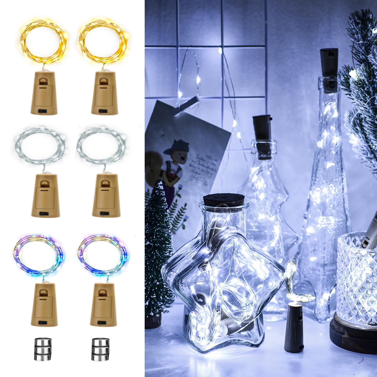 osteplus wine bottle lights with cork, 6 pack with 6 replacement batteries mini fairy string lights battery operated, party decoration for wedding christmas halloween bar mason jar - 3 colors