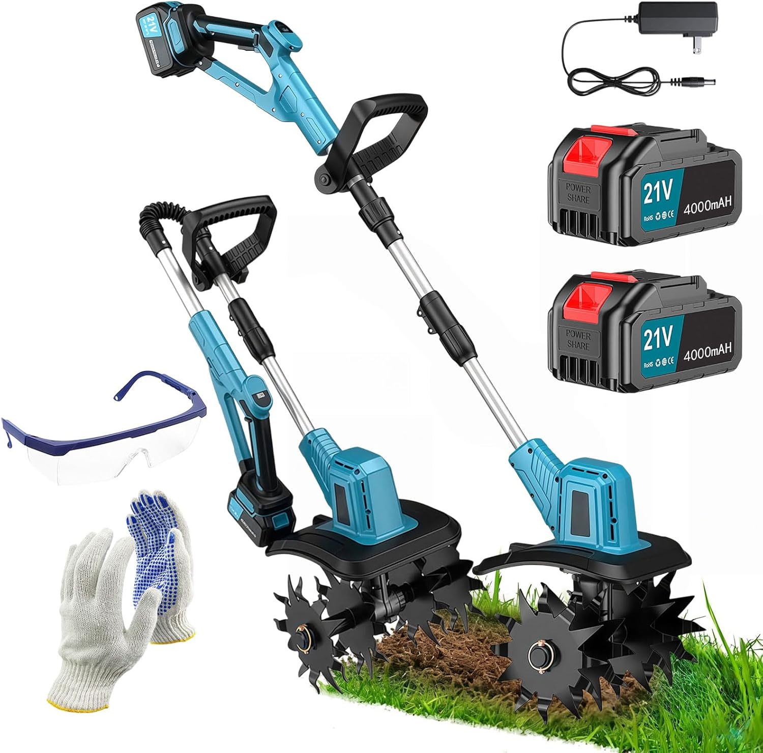 Electric Cordless Tiller Cultivator 21V Lightweight Tiller for Gardening 12 in Tilling Width 8 in Depth Rototiller with 2 * 4.0Ah Batteries and Charger for Garden Lawn and Soil Cultivation Blue