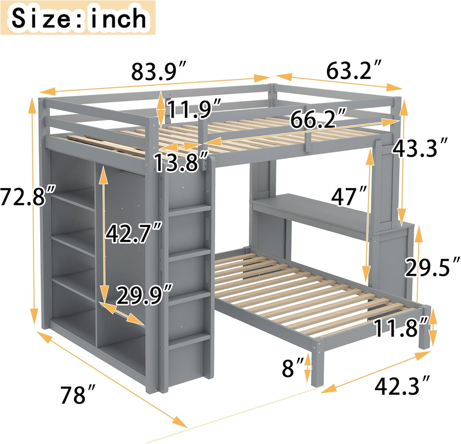 Detailed diagram showing all dimensions of the Polibi S00215 bunk bed in inches.