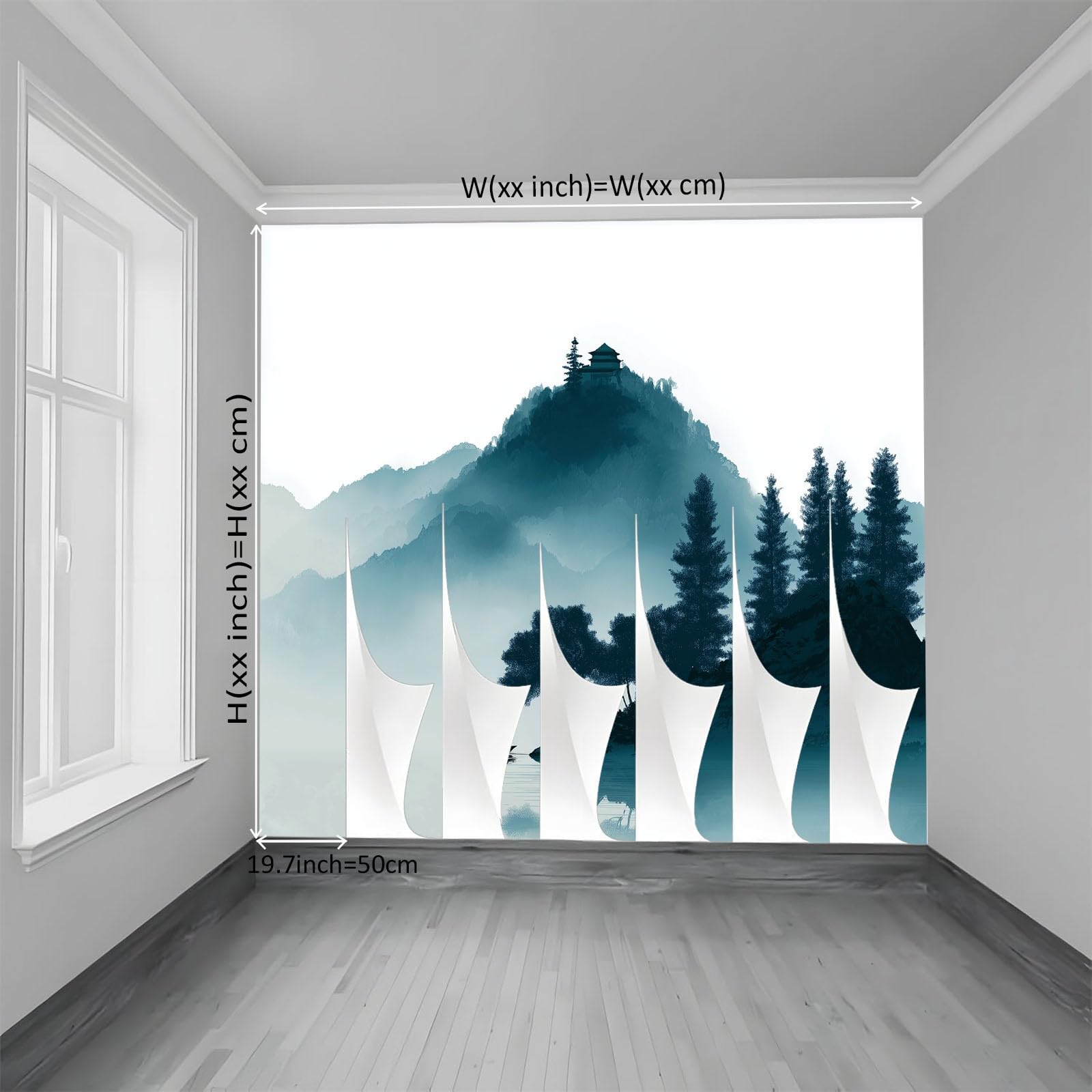 Fototapeta chiński obraz tuszem 300 l x 210 cm, dekoracyjna tapeta mgła góry las żaglówka - plakat nowoczesny design do pokoju dziecięcego salonu sypialni