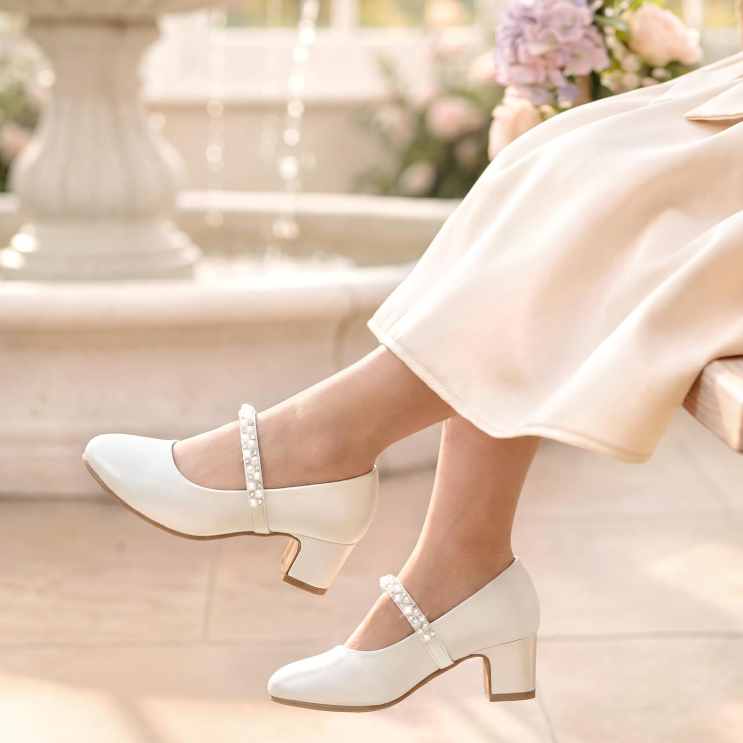 Flower Girl Shoes Kids High Heels Mary Jane Flats Cute Pearl Rhinestones Girls Dress Pumps Shoes for Church Wedding Party Little Big Kids - Image 9
