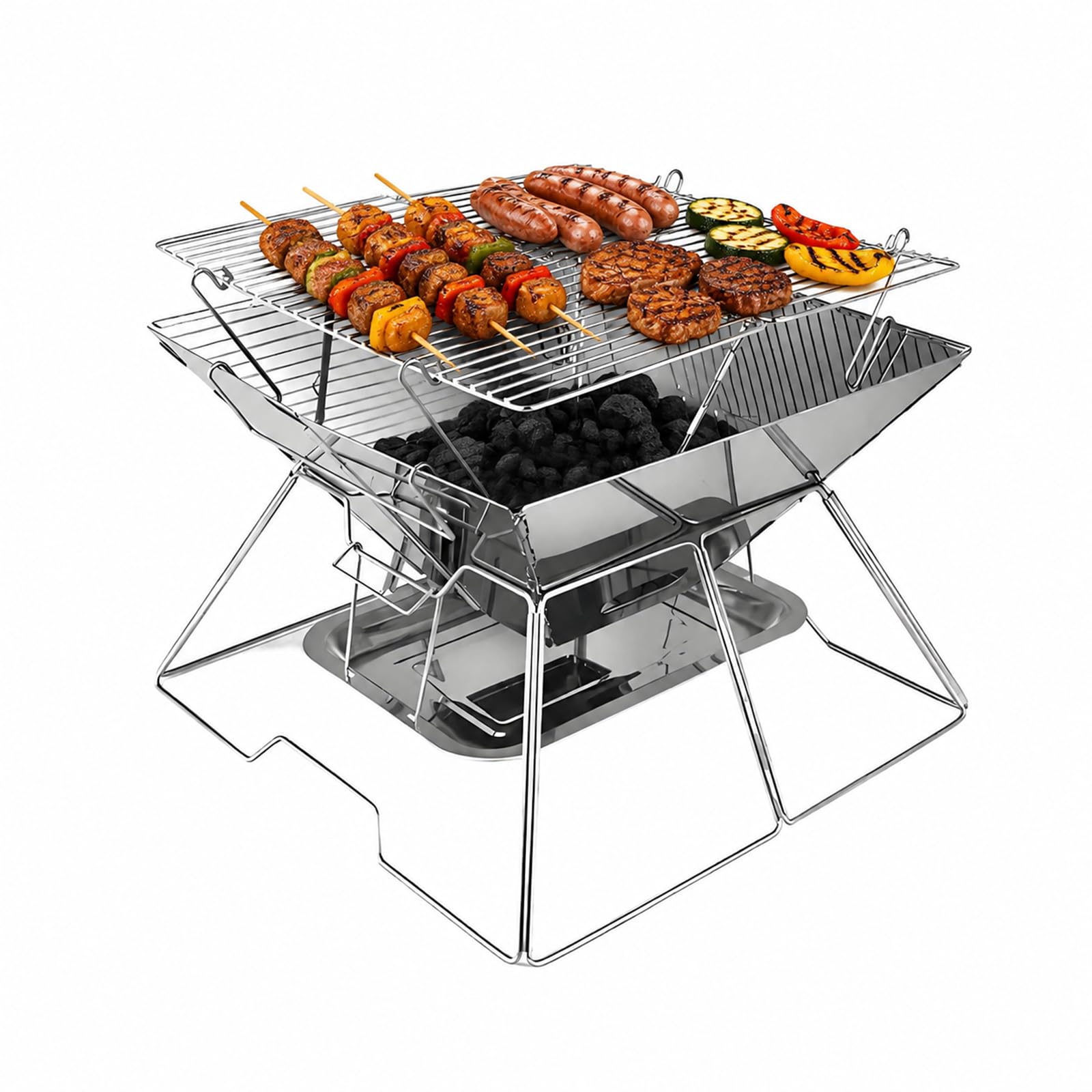 Palenisko ze stali nierdzewnej z rusztem do grillowania, 31 x 31 cm, przenośny grill kempingowy z rusztem o regulowanej wysokości i tacką na popiół, składane palenisko do użytku na zewnątrz, do ogrodu
