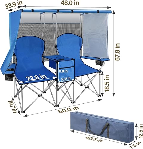 Miniatura 3 de BESTHLS Silla de campamento doble con toldo  Sofá biplaza 600D resistente para adultos, silla de playa para 2 personas con paraguas, sofá biplaza de