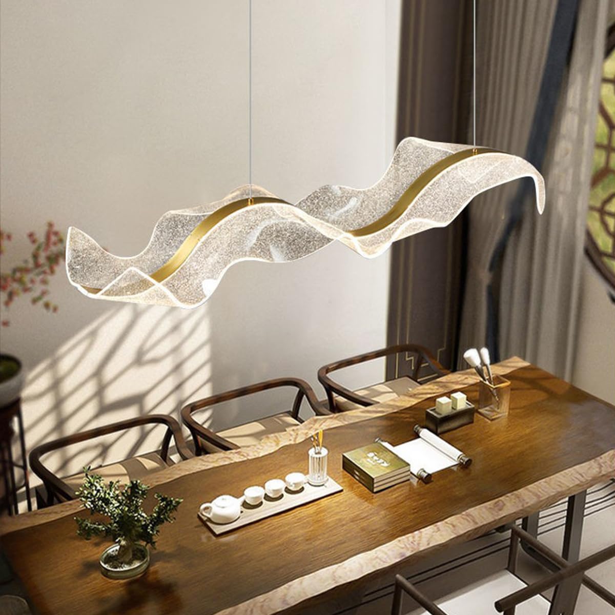 Aleaty Modern Dining Table Pendant Lamp LED Reception Hall Pendant Lamp with Remote Control Dimmable Tea Room Chandelier Wave Ceiling Lights Height Adjustable for Foreground Club Restaurant (L100cm)