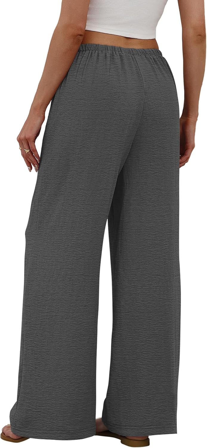 Sampeel Women's Linen Summer Palazzo Pants Flowy Wide Leg Beach Trousers with Pockets Dark Grey - Image 5