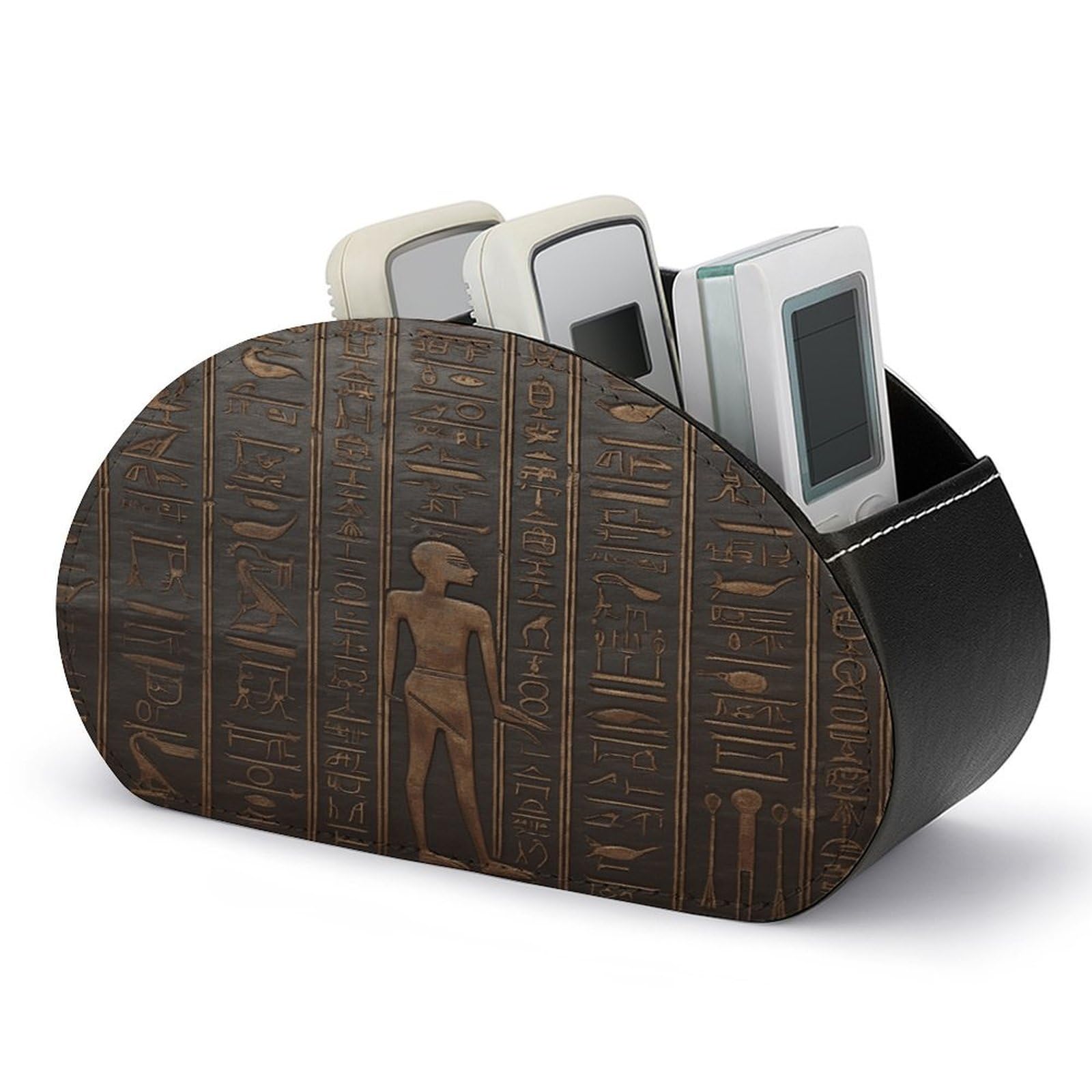 VstaDank Ancient Egyptian Hieroglyph Remote Control Holder with 5 Compartments PU Leather TV Remoter Caddy Desktop Organizer TV Remote Holder Remote Box for Media Controllers Office Supplies