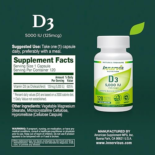 Miniatura 8 de Vitamina D3 5000 UI (125 mcg) 120 cápsulas vegetales apoyan huesos saludables dientes sistema inmunológico suplemento