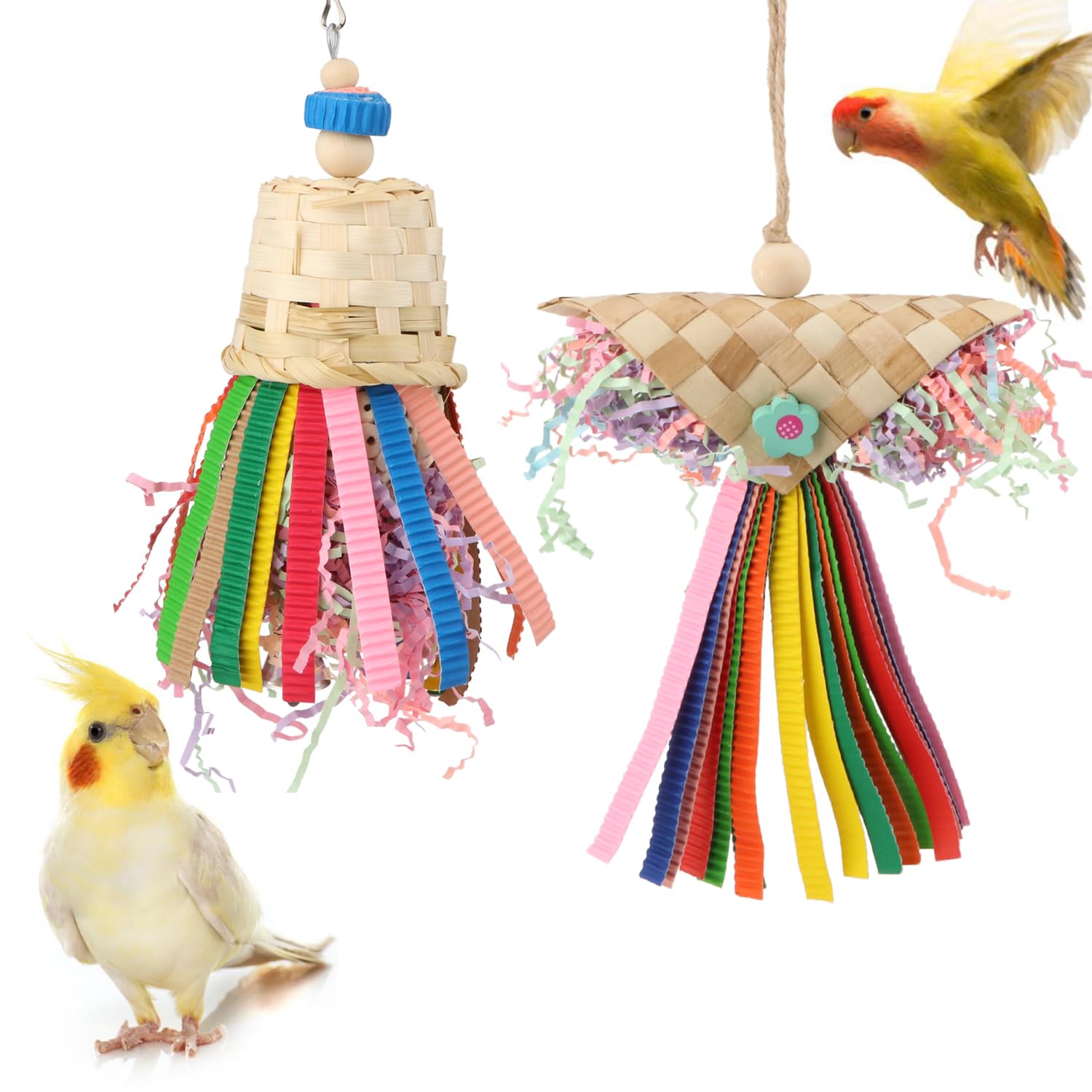 Wontee Bird Colorful Shredding Crinkles Foraging Toys Natural Sola Ball for Parrots Cockatiels Conures Budgies Senegal (Shredder Toys (2 Pack))