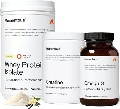 Momentous Three - Creatine Monohydrate Powder 90 Servings, Grass-Fed Whey Protein Powder Vanilla & Omega-3 Fish Oil 1600mg - Daily Essentials for Strength, Performance & Lean Muscle Recovery