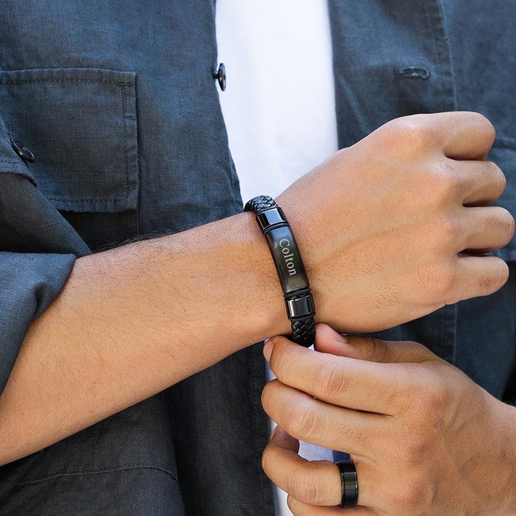EVE'S ADDICTION Custom Engraved Bracelets For Men - Men's Leather Black Id Bracelet - Name Bracelet - Personalize Men's Bracelet - Men's Jewelry - Birthday Gift for Him - Gifts for Dad