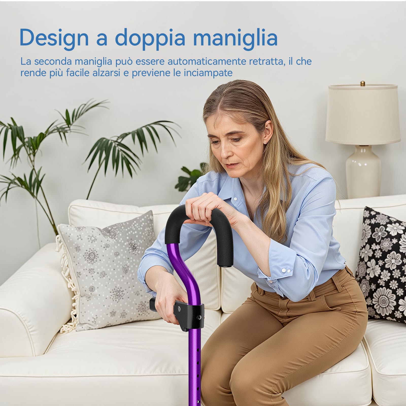 KingPavonini Bastone da passeggio per donne/uomini con manico secondario, pieghevole e regolabile, con base a 4 punte per stare in piedi, bastone da passeggio leggero per anziani e adulti