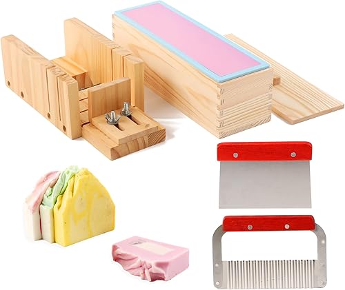 DOYOLLA Kit de moldes de madera para hacer jabón, caja de madera de silicona para jabón + cepilladora biseladora de jabón + acero inoxidable