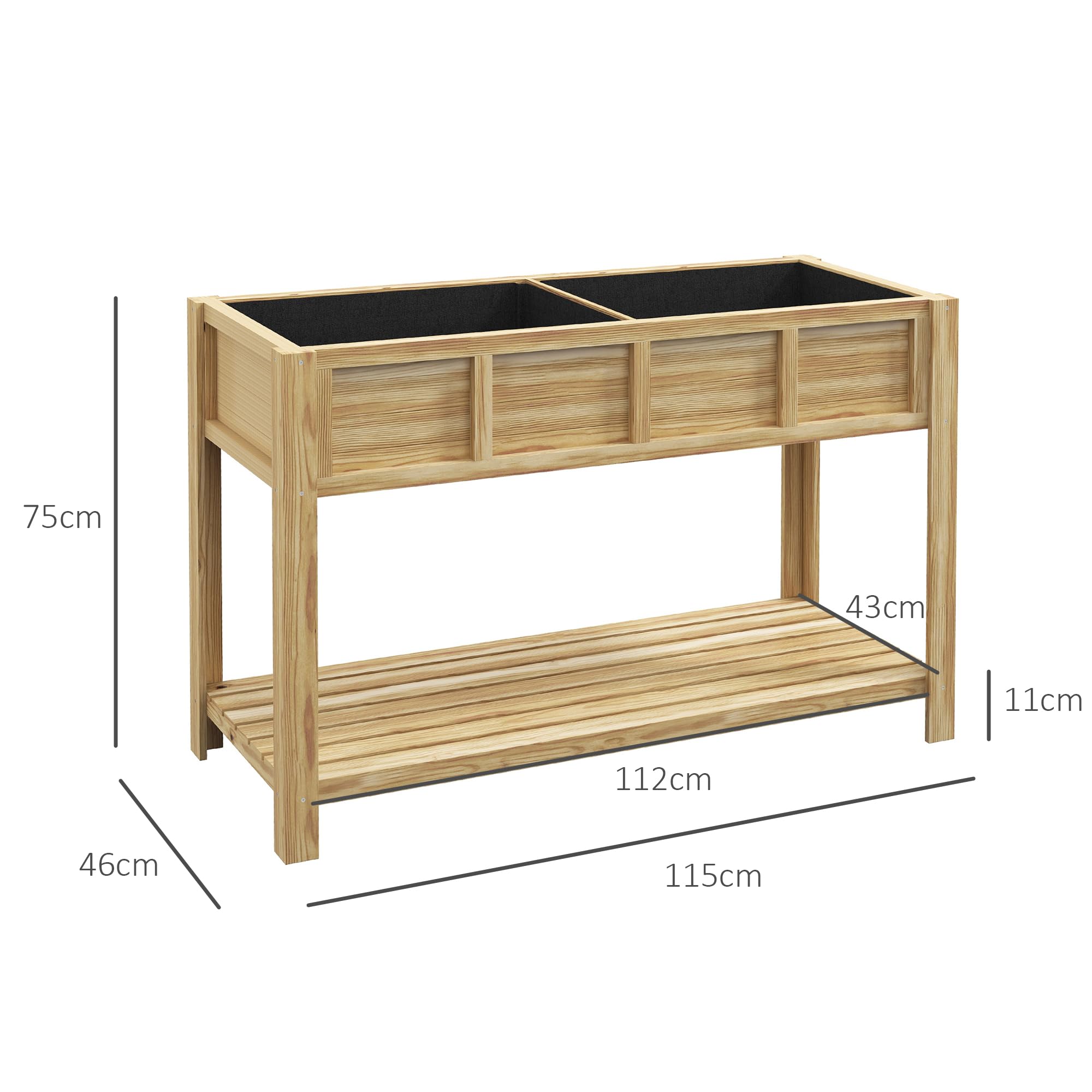 Outsunny Jardinière sur Pieds - Potager avec séparateur Amovible, étagère, Inserts d'irrigation, Feutre de Drainage Inclus - Dim. 115L x 46l x 75H cm - Bois Massif Sapin
