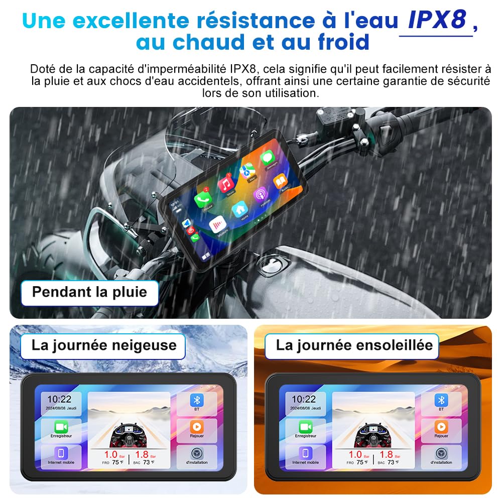 AWESAFE Moto CarPlay & Android Auto avec GPS, écran 6,25" étanche IPX8, caméra DVR 2K, AHD 1080P arrière, capteur de Pression intégré, enregistreur de Trajet, Bluetooth